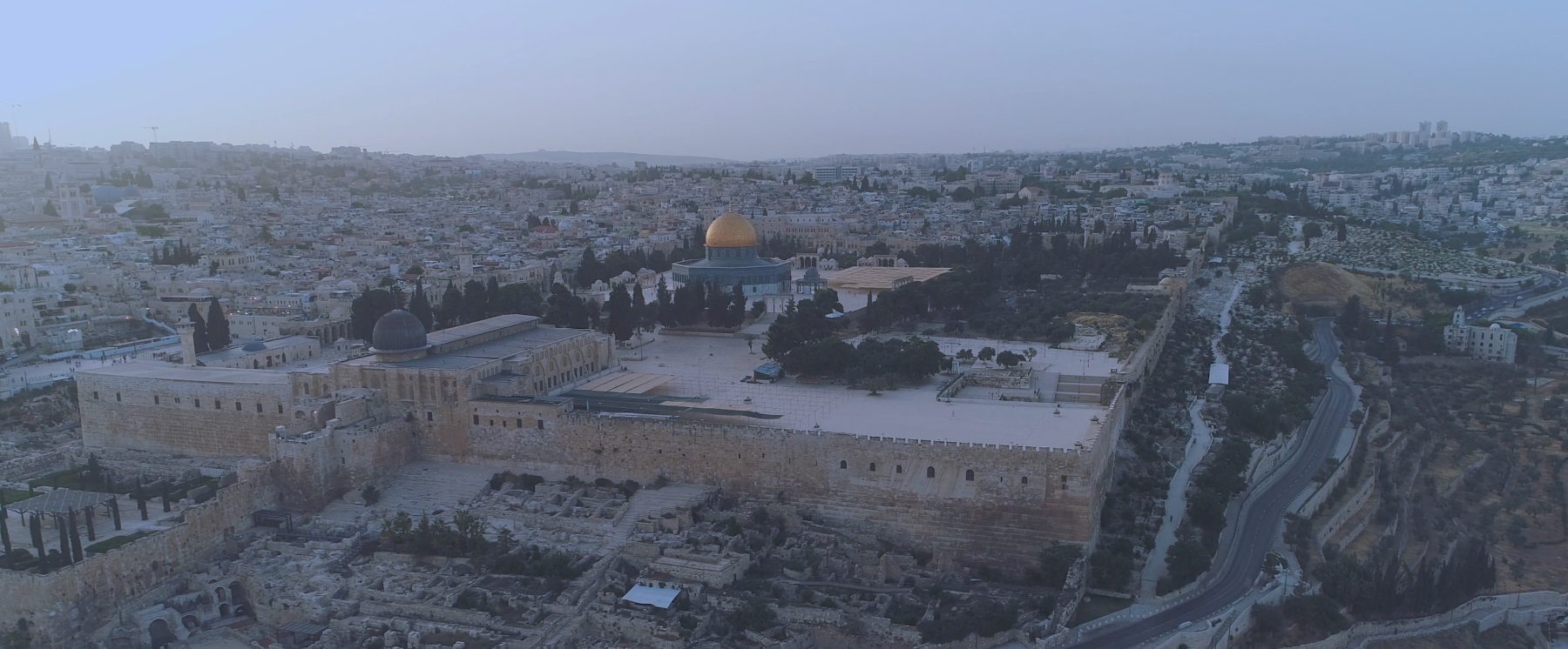 The whole Al Aqsa compound at dusk, held within the walls of the Old City of Jerusalem